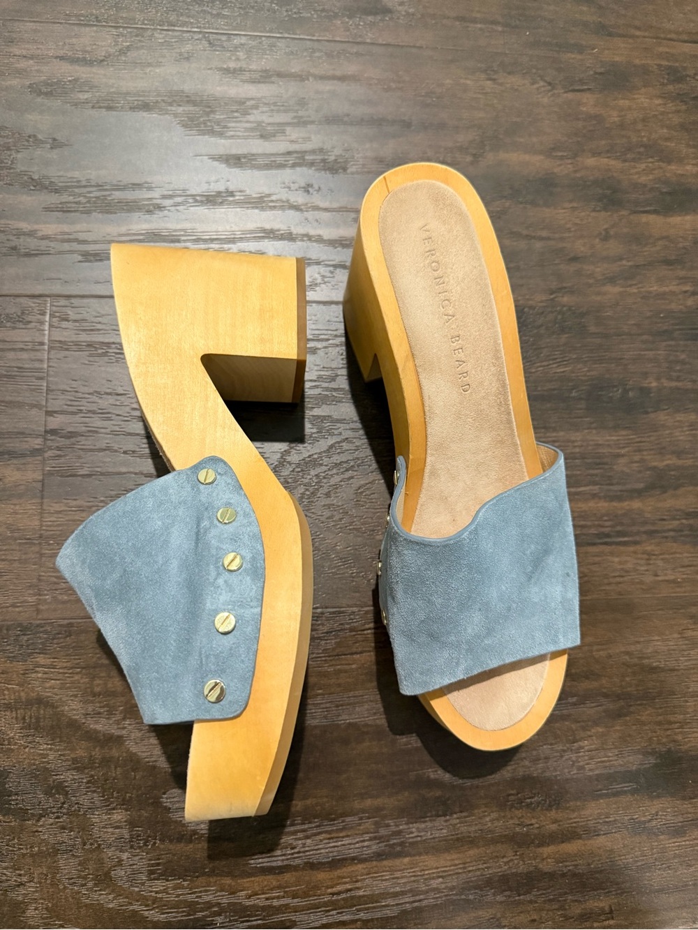 Veronica Beard Dusty Blue Suede Wood-Platform Mules